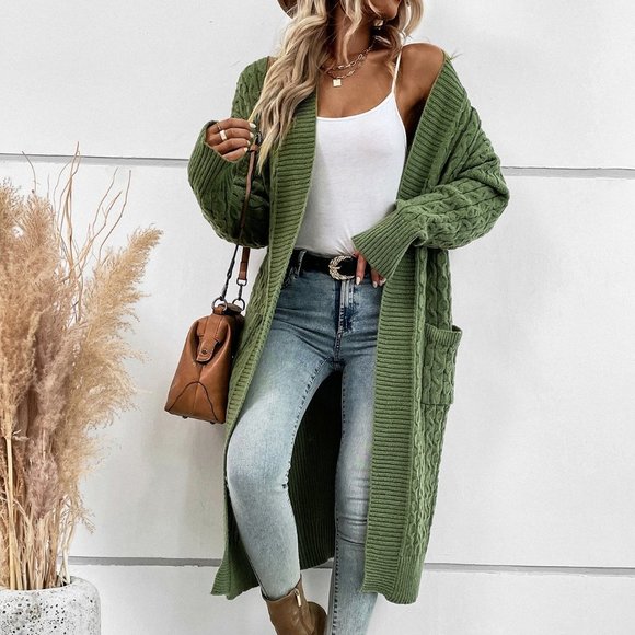 . Sweaters - Green Casual Womens Dual Pocket Drop Shoulder Cable Knit Duster Cardigan